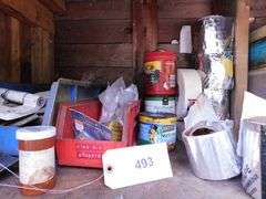 Lot Of Household Implements- Screws, Nails, Hinges, Electrical Switches and Boxes, Motors, Saw Blades, Gaskets, Propane Tank, Casters, Tape, Sealer, Tool Box, Grease, Drywall, Corner Trim