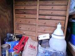 Lot Of Household Implements- Screws, Nails, Hinges, Electrical Switches and Boxes, Motors, Saw Blades, Gaskets, Propane Tank, Casters, Tape, Sealer, Tool Box, Grease, Drywall, Corner Trim
