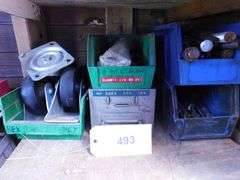 Lot Of Household Implements- Screws, Nails, Hinges, Electrical Switches and Boxes, Motors, Saw Blades, Gaskets, Propane Tank, Casters, Tape, Sealer, Tool Box, Grease, Drywall, Corner Trim