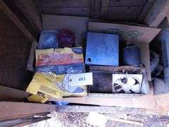 Lot Of Household Implements- Screws, Nails, Hinges, Electrical Switches and Boxes, Motors, Saw Blades, Gaskets, Propane Tank, Casters, Tape, Sealer, Tool Box, Grease, Drywall, Corner Trim
