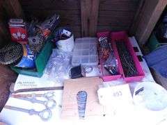 Lot Of Household Implements- Screws, Nails, Hinges, Electrical Switches and Boxes, Motors, Saw Blades, Gaskets, Propane Tank, Casters, Tape, Sealer, Tool Box, Grease, Drywall, Corner Trim