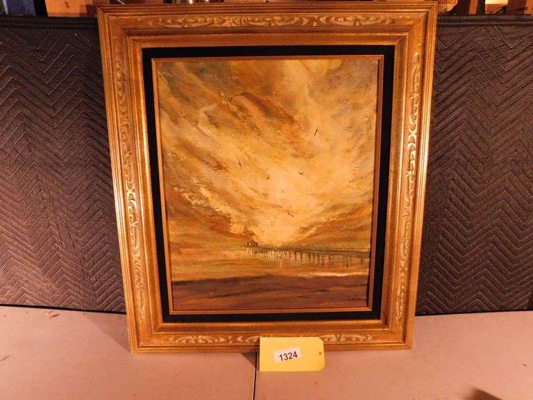 28 1/2" x 32 1/2" Oil Painting of Dock by Rollins
