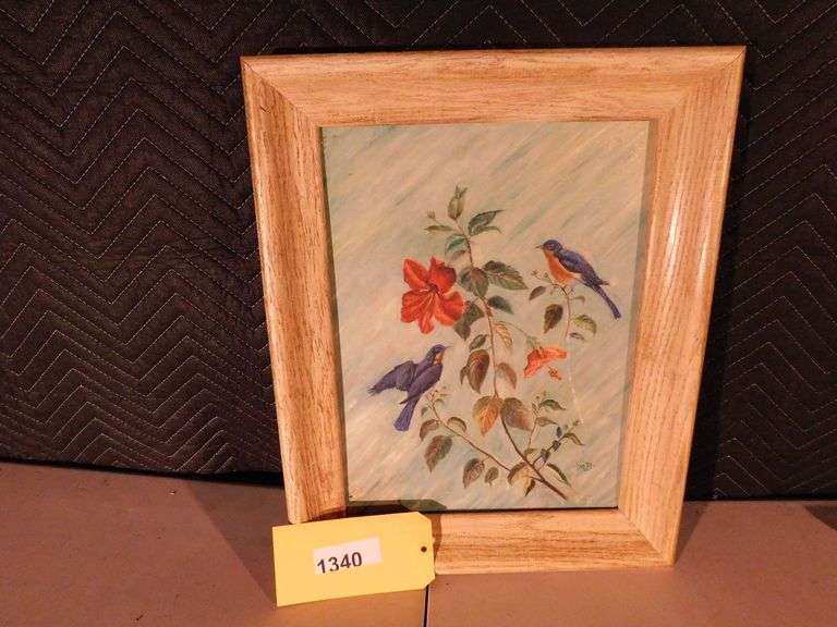 15 1/2" x 20" Oil painting of 2 birds on branches Artist M.B