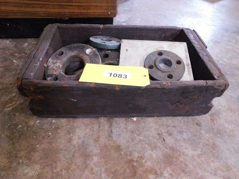 Lot of Misc Metal Flanges, Fittings, Bolts, Nuts, Steel Plate, Chain, Sockets, Wire, Rivets, with Wooden Box