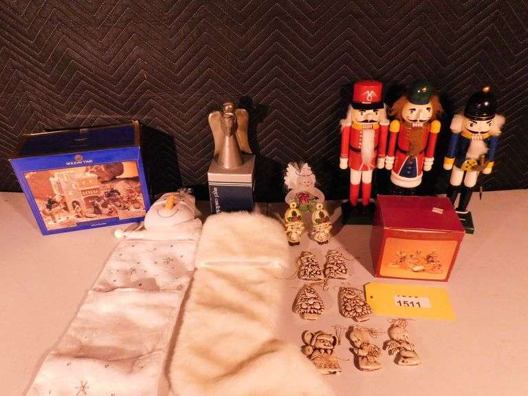 Centurion silver plated angel candle holder, ceramic hand-painted ornaments, stockings, Holiday Time Bethlehem Nativity Set 8 pc porcelain in box, Nativity collectible, wooden nutcrackers