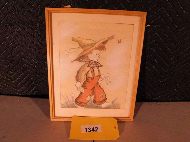 12" x 15" Hand drawn cowboy boy mailing a letter chalk on paper Artist unknown
