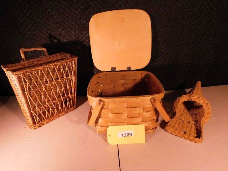 Lot of 3 Baskets 1 Vintage Putney Basketville Double handle Split Oak Basket 1 Cornucopia wicker basket 1 vintage wicker magazine rack