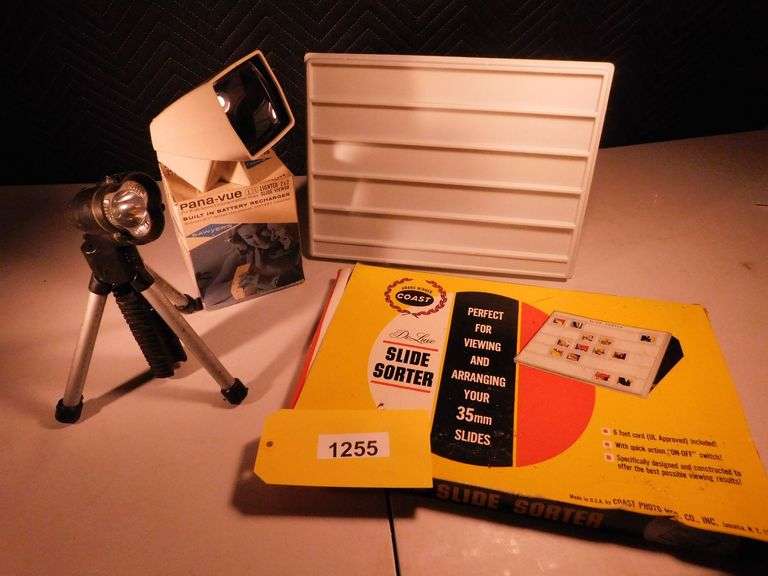 Panavue light/mixer, Slide viewer, Coast Deluxe Slide Sorter, tripod light