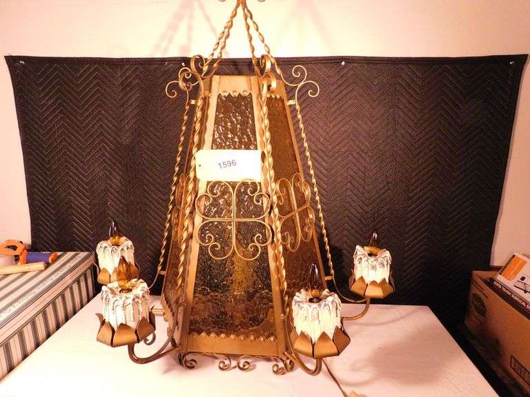 Vintage Wrought Iron Gothic Spanish 3 bulb lamp amber glass 37" x 40" x 16"