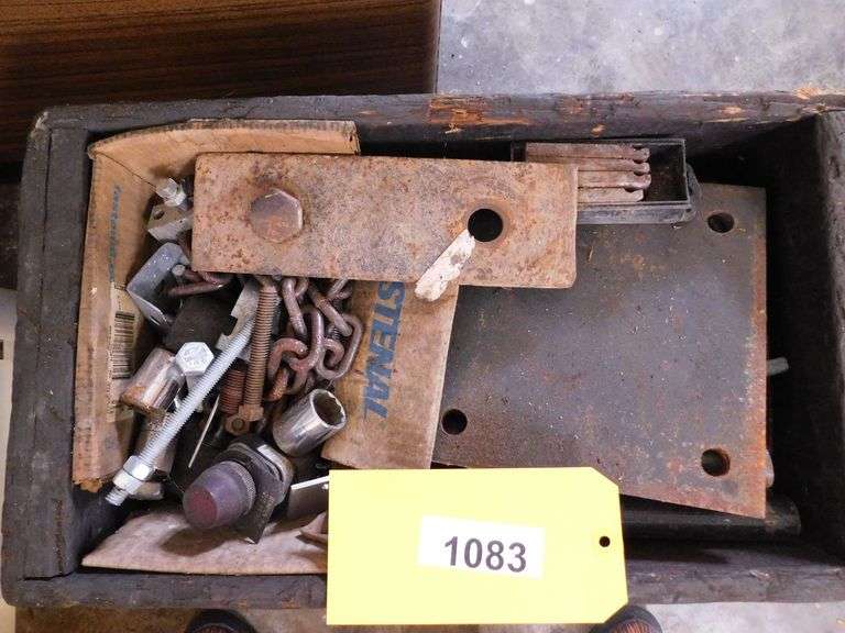 Lot of Misc Metal Flanges, Fittings, Bolts, Nuts, Steel Plate, Chain, Sockets, Wire, Rivets, with Wooden Box