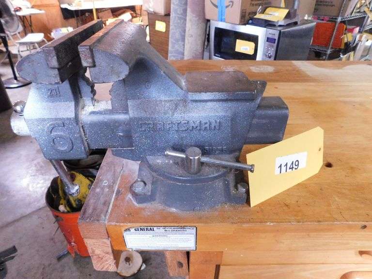 Solid Wood Work Bench with 1 Vice and a Drill Press, on Casters with four drawers