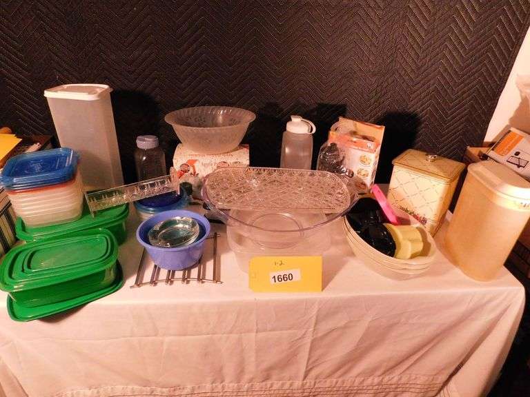 Lot of misc. Glad Lock, Tupperware, tin containers, apple peeling machine, plastic tray,