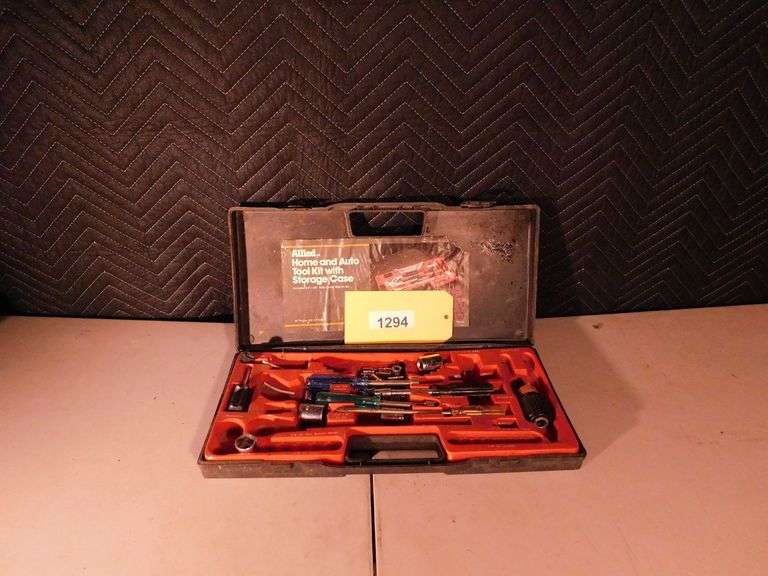 Plastic tool box w/tools, sockets, screw devices