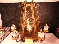Vintage Wrought Iron Gothic Spanish 3 bulb lamp amber glass 37" x 40" x 16"