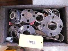 Lot of Misc Metal Flanges, Fittings, Bolts, Nuts, Steel Plate, Chain, Sockets, Wire, Rivets, with Wooden Box