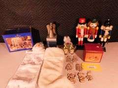 Centurion silver plated angel candle holder, ceramic hand-painted ornaments, stockings, Holiday Time Bethlehem Nativity Set 8 pc porcelain in box, Nativity collectible, wooden nutcrackers