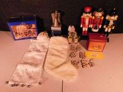 Centurion silver plated angel candle holder, ceramic hand-painted ornaments, stockings, Holiday Time Bethlehem Nativity Set 8 pc porcelain in box, Nativity collectible, wooden nutcrackers