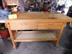 Solid Wood Work Bench with 1 Vice and a Drill Press, on Casters with four drawers