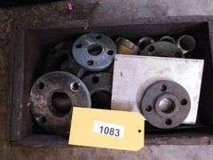 Lot of Misc Metal Flanges, Fittings, Bolts, Nuts, Steel Plate, Chain, Sockets, Wire, Rivets, with Wooden Box