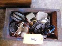 Lot of Misc Metal Flanges, Fittings, Bolts, Nuts, Steel Plate, Chain, Sockets, Wire, Rivets, with Wooden Box