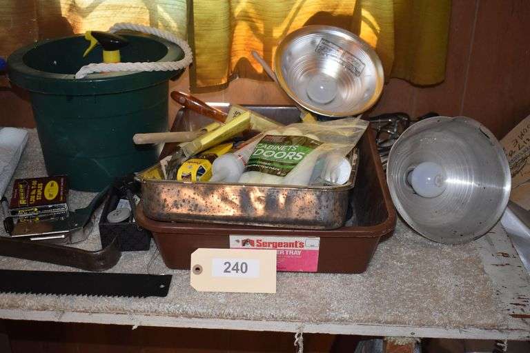Tools, snow shovel, square, drill bits, screw drivers, crow bar, stapler, screws, saw horses