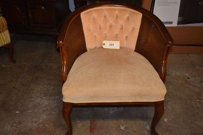 Mid century cane back wood barrel chair