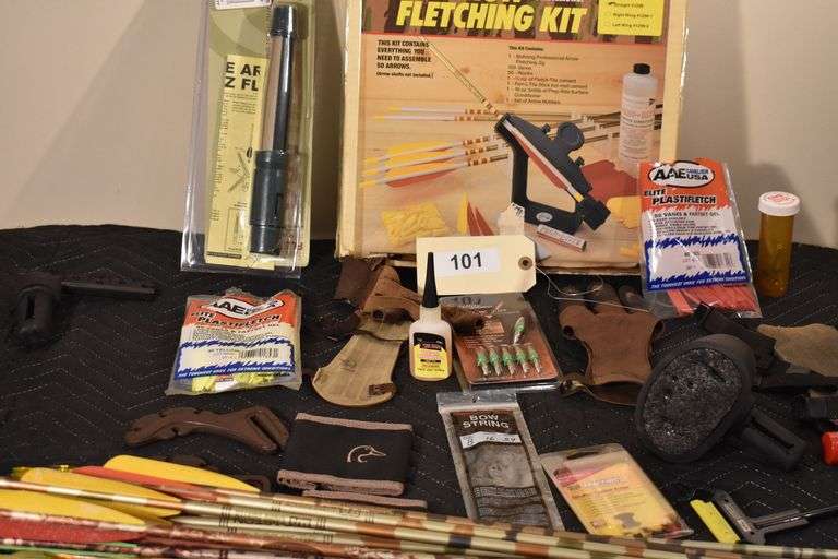 Archery equipment, glue, arrow points, bow string, fletcher, gloves, wrist guard, etc.