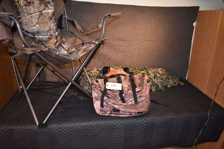 Gilly suits, Gander Mtn. folding chair, Cabellas back pack