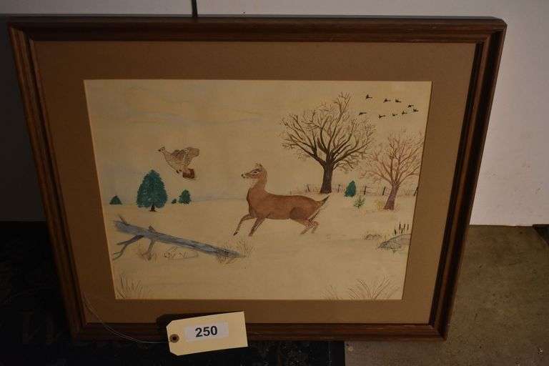 23" x 20" A Fall landscape with deer and bird