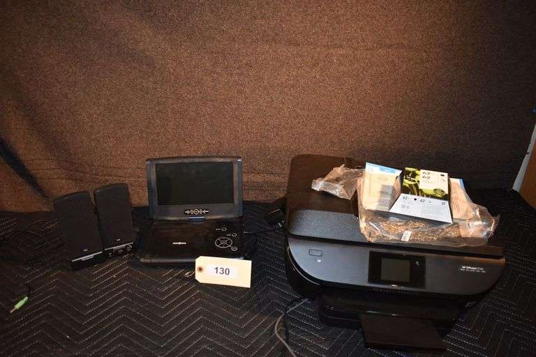 Insignia portable DVD player, Hewlett-Packard HP Office jet 5740 printer, scanner, PA computer speaker, ink pack