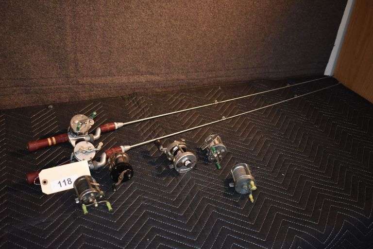 Vintage fishing poles & reels, JC Higgins Pflueger, Shakespear wonder reel, champion image