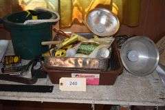 Tools, snow shovel, square, drill bits, screw drivers, crow bar, stapler, screws, saw horses