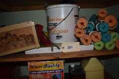 Tarps, air bed, charcoal grill, bed roll, quick pump, tent stakes, fishing tackle box, lures, trash bags, propane tanks, propane lantern, led lantern, propane hot travel shower, camp potty, dishpans, portable water jugs, Heater, camp fuel, pool noodles used for fishing