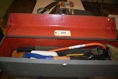 Various implements, axes, maul, sledge hammer, rakes, clamps, crow bar, machete, bowie knife, etc.