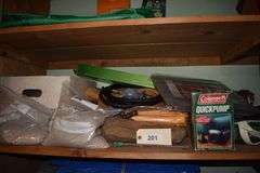 Tarps, air bed, charcoal grill, bed roll, quick pump, tent stakes, fishing tackle box, lures, trash bags, propane tanks, propane lantern, led lantern, propane hot travel shower, camp potty, dishpans, portable water jugs, Heater, camp fuel, pool noodles used for fishing