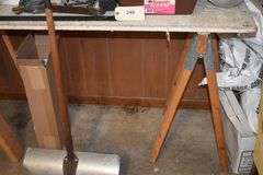 Tools, snow shovel, square, drill bits, screw drivers, crow bar, stapler, screws, saw horses