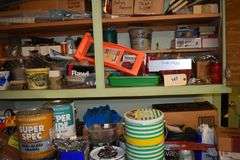 Paints, stains, linseed oil, hand cleaner, paint thinner, electrical housing, scokets, paint keys, hardware, hinges, tv cable wire, door stops, etc.