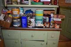 Paints, stains, linseed oil, hand cleaner, paint thinner, electrical housing, scokets, paint keys, hardware, hinges, tv cable wire, door stops, etc.