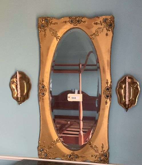 Victorian Wooden Framed Oval Mirror, 46"X24", With Sconces image