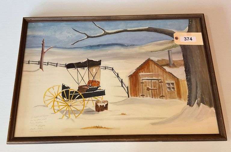 Framed And Matted Print Of Buggy Repair Shop In Winter, 32"X21" image