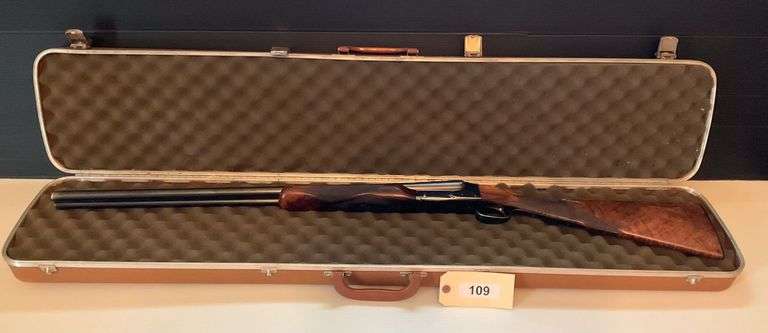 Winchester Model 21 Skeet Double Barrel Shotgun, 16 Gauge With Case, All Numbers Matching, End Of Barrel Where Sight Is Mounted Is Nicked.  This item will be picked up at Mammoth Outdoors and will have a $40 transfer fee paid to Mammoth Outdoors when you pick up the item.  They will also do a background check. image