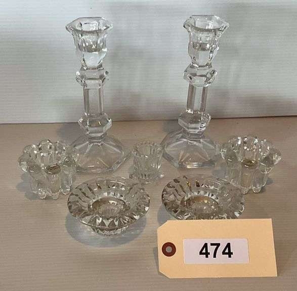 Pair of 7" Glass Candlesticks, 2 Pairs Of  Small Candle Holders And 1 Votive image