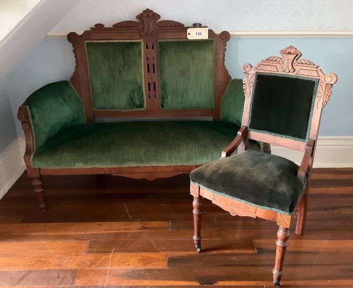 Antique Upholstered Settee And Chair On Rollers image