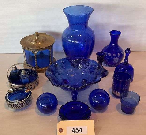 Blue Glass Vases, Biscuit Barrel, Footed Bowl, Salt/Pepper & More image
