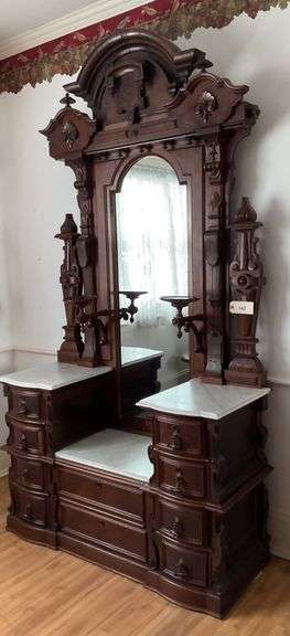Walnut And Marble Drop Center Dresser, 108"X56"X23", Matches Lot #141 image