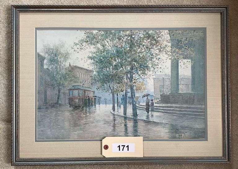 Framed And Matted Paul Sawyier Print Of Street Car And Street Scene, 25"X18" image