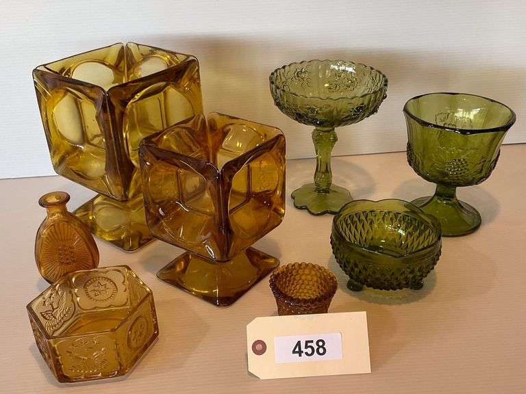 Green And Amber Glass Holloware, 8 Pieces image