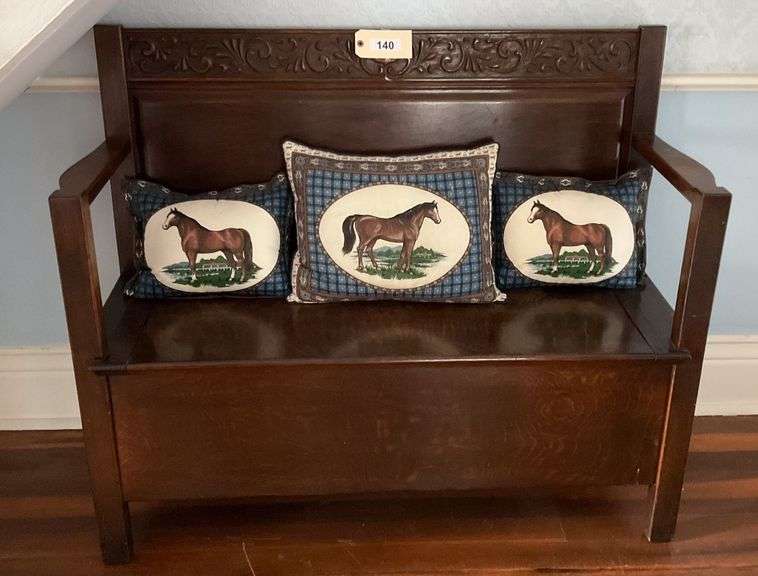 Vintage Wooden Bench With Storage, 3 Horse Themed Accent Pillows image