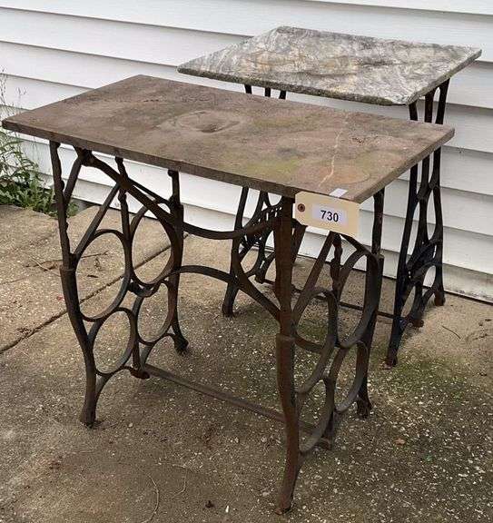Two Marble Top Tables With Iron Bases, Tops Have Some Stains, 32"X18"X20" & 24"X12"X29" image