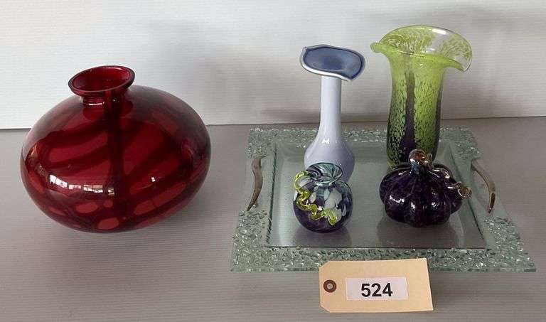 Glass Vases, Very Nice Handled Square Platter, 14"X14', And Purple Glass Decor image